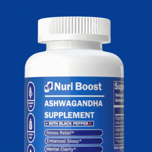 Nutri Boost Ashwagandha Plus supplement bottle with black pepper for stress relief, enhanced sleep, and mental clarity